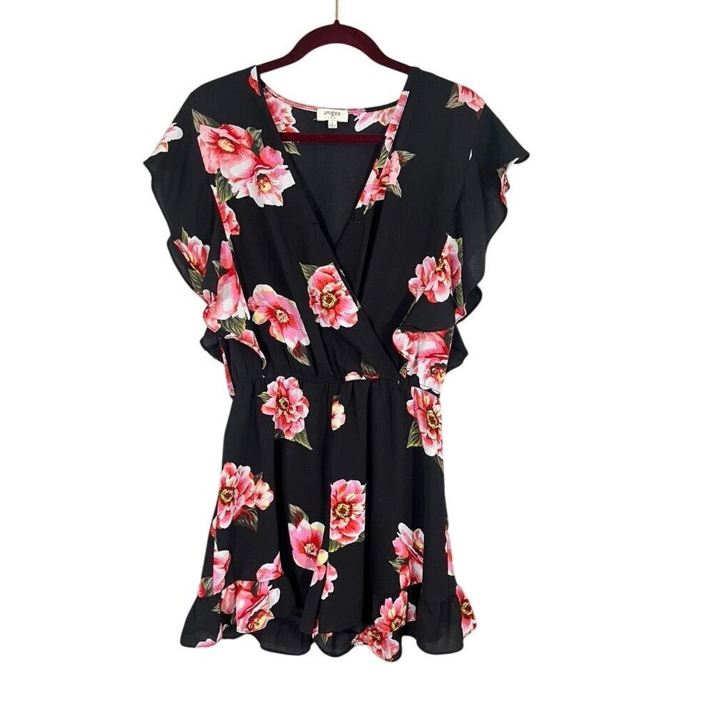 Retro Floral Romper Black L Boho Western Feminine Country Chic Ruffle Colorful - Picture 1 of 10